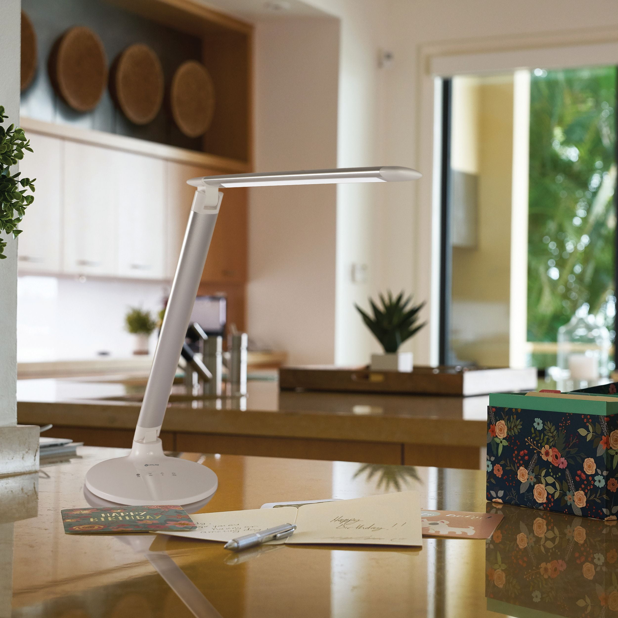 OttLite Command LED Desk Lamp with Voice Assist - White, Google Home and Amazon Alexa Compatible, USB Charging Port
