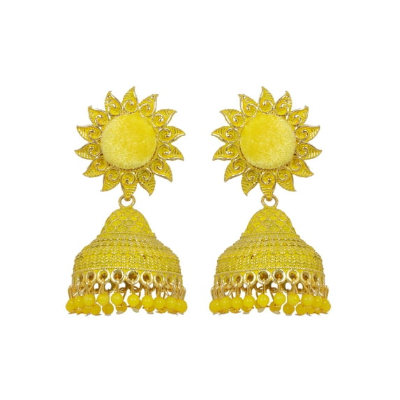 Crunchy Fashion Bollywood Jewellery Traditional Ethnic Bridal Bride Wedding Bridesmaid Sun floral Yellow Velvet Gold-plated Enamel Jhumka Earring