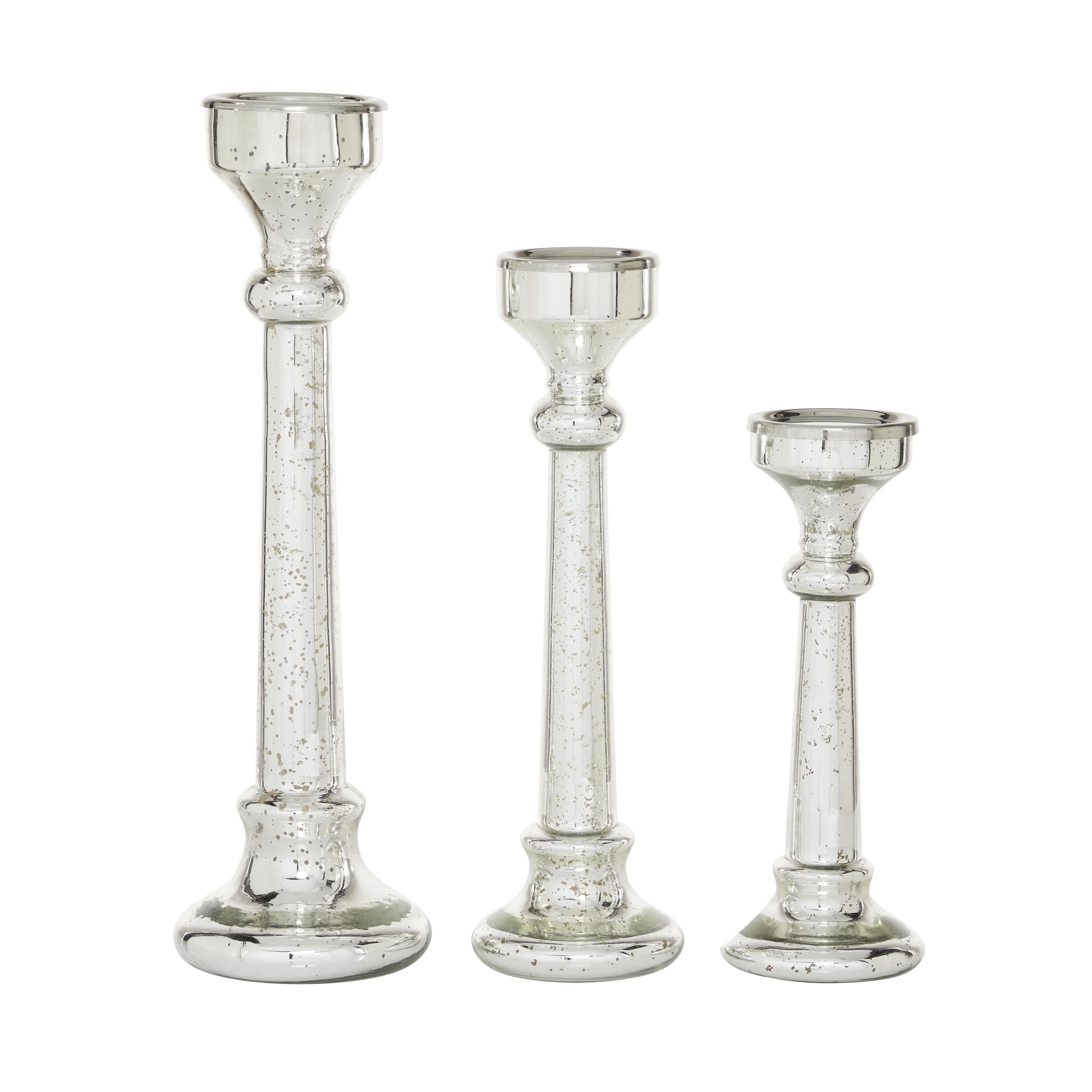 DecMode 3 Candle Silver Glass Candle Holder, Set of 3