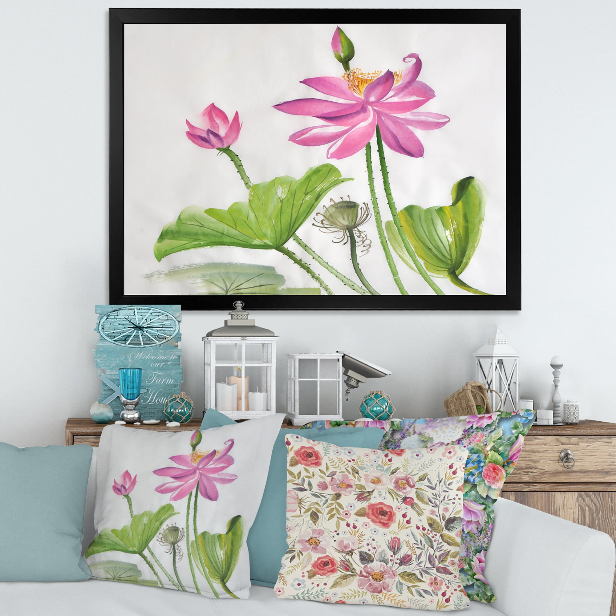 Designart 'Two Pink Lotus Flowers With Green Leaves' Traditional Framed Art Print
