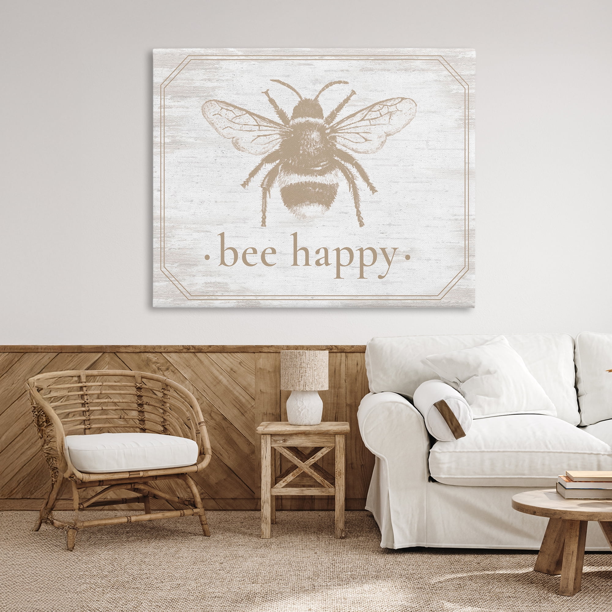 Bee Happy with Rustic Border Canvas Wall Art, design by Lettered and Lined