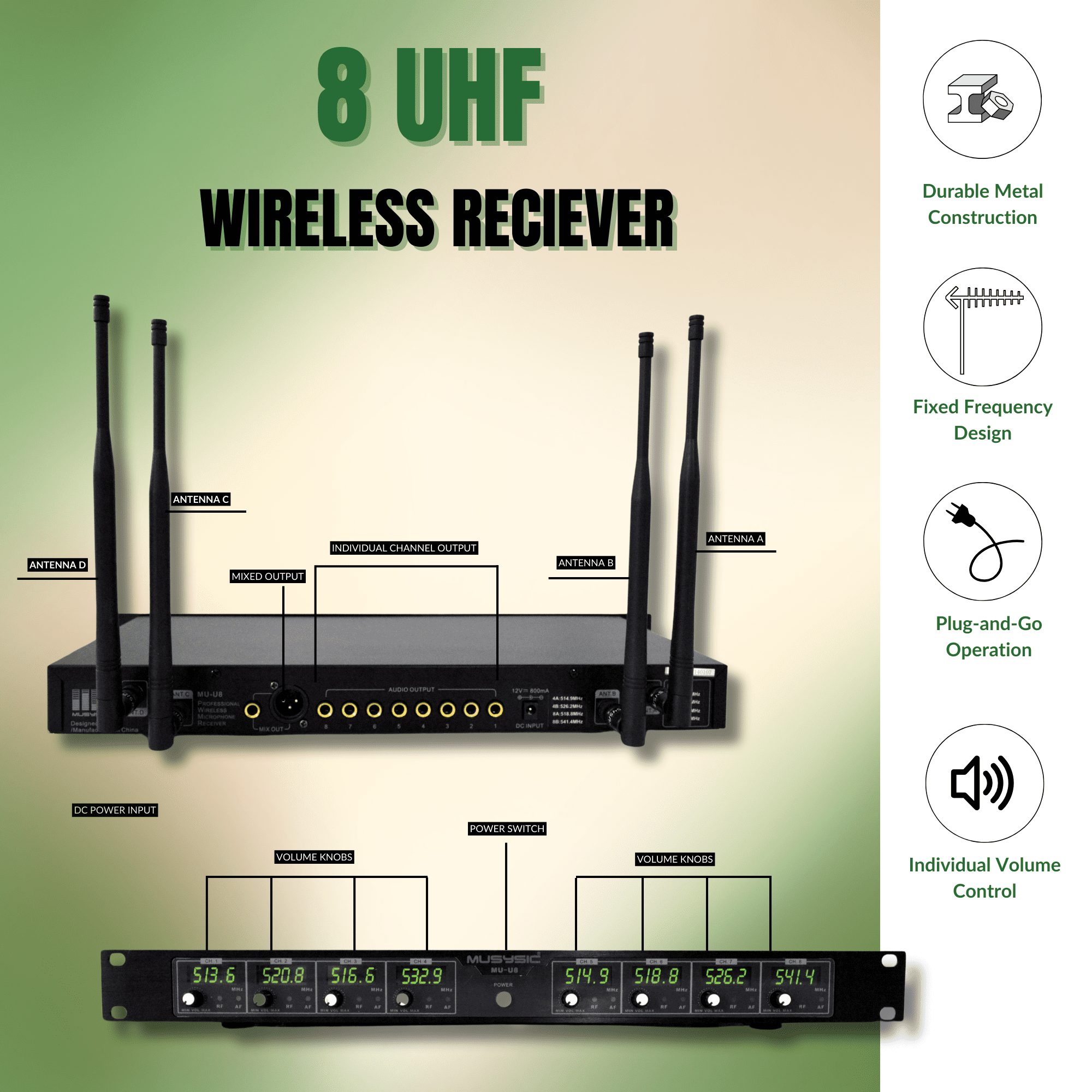 MUSYSIC Professional Wireless Microphone System 8 Channel UHF 4 Handheld 4 Lavalier Microphones