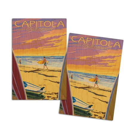 

Capitola California Surfers at Sunset (4x6 Birch Wood Postcards 2-Pack Stationary Rustic Home Wall Decor)