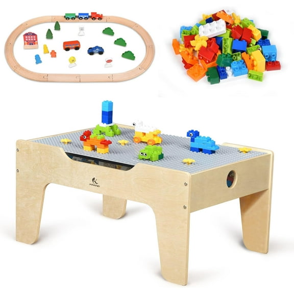 Kid's Multi-Purpose Activity Play Table with 60 Big Building Bricks and 30-Piece Wooden Train Set for Toddlers (Big-peg Baseplate Version)