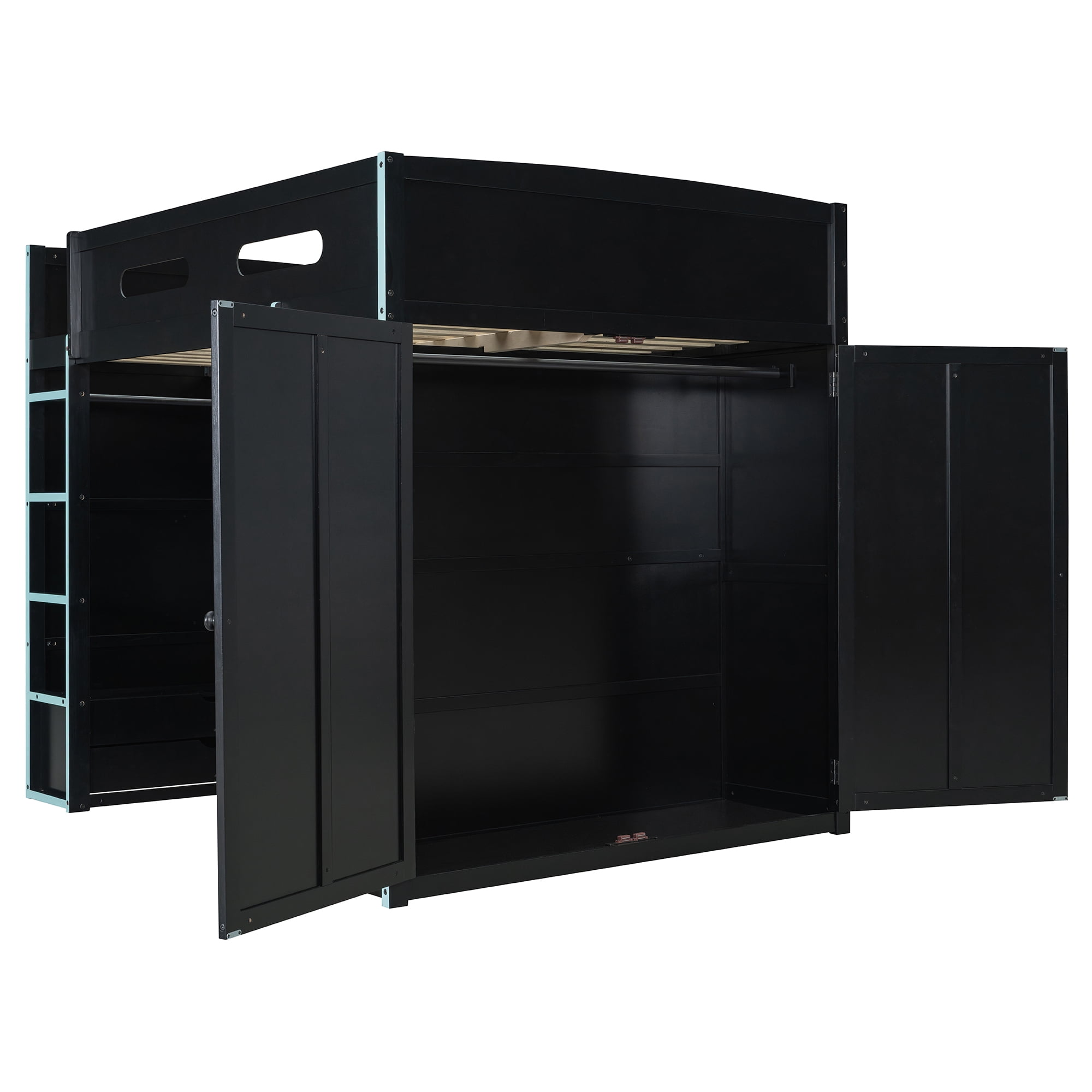 Aukfa Full Size Gaming Loft Bed with Desk, Wardrobe & RGB LED Lights – Esports Loft Bed Frame with Charging Station, Storage Shelves, Space-Saving, Blue