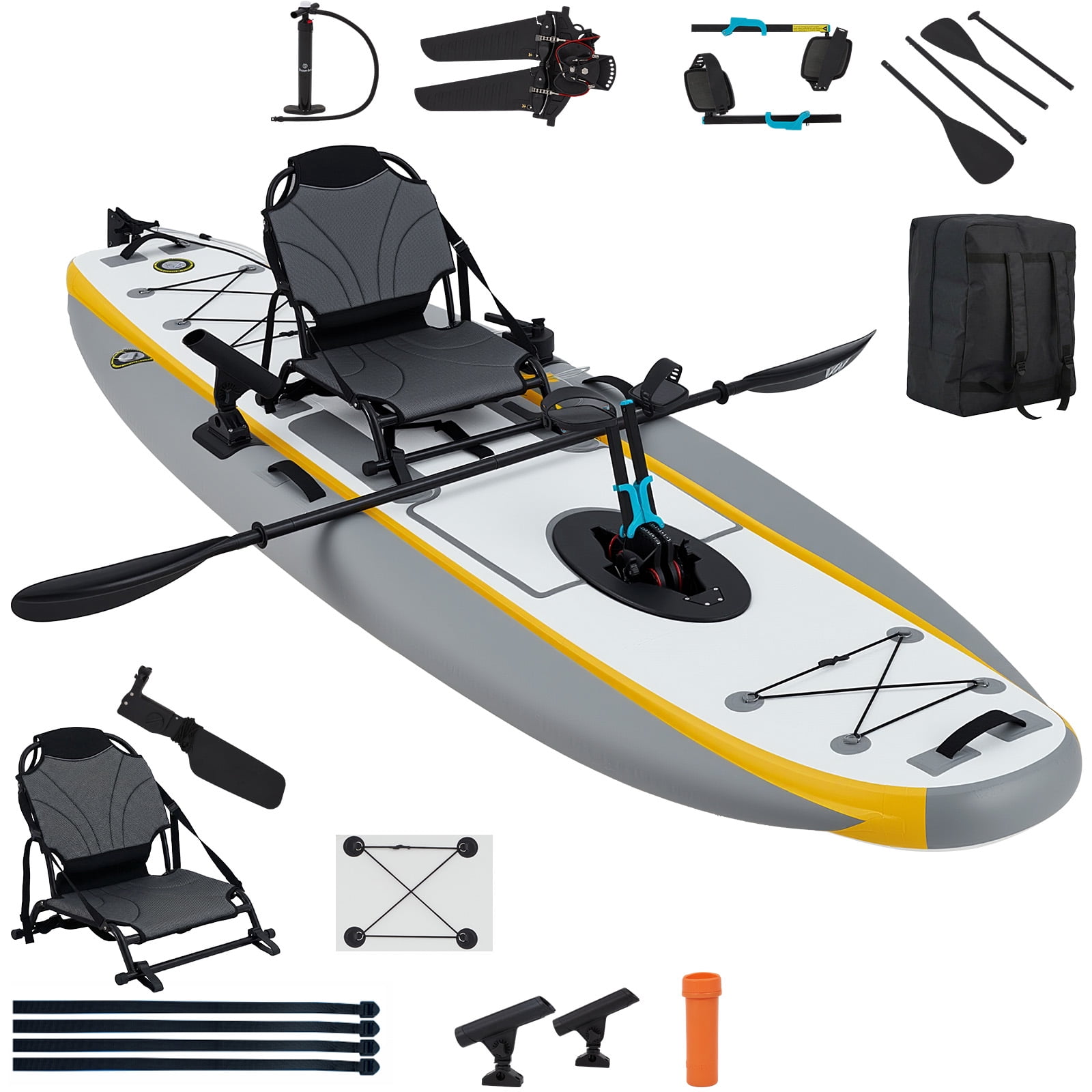 Danrelax 12ft Inflatable Kayak with Pedal System, Lightweight & Portable with Aluminum Seat, Rudder System, and Accessories Included, Yellow & Grey