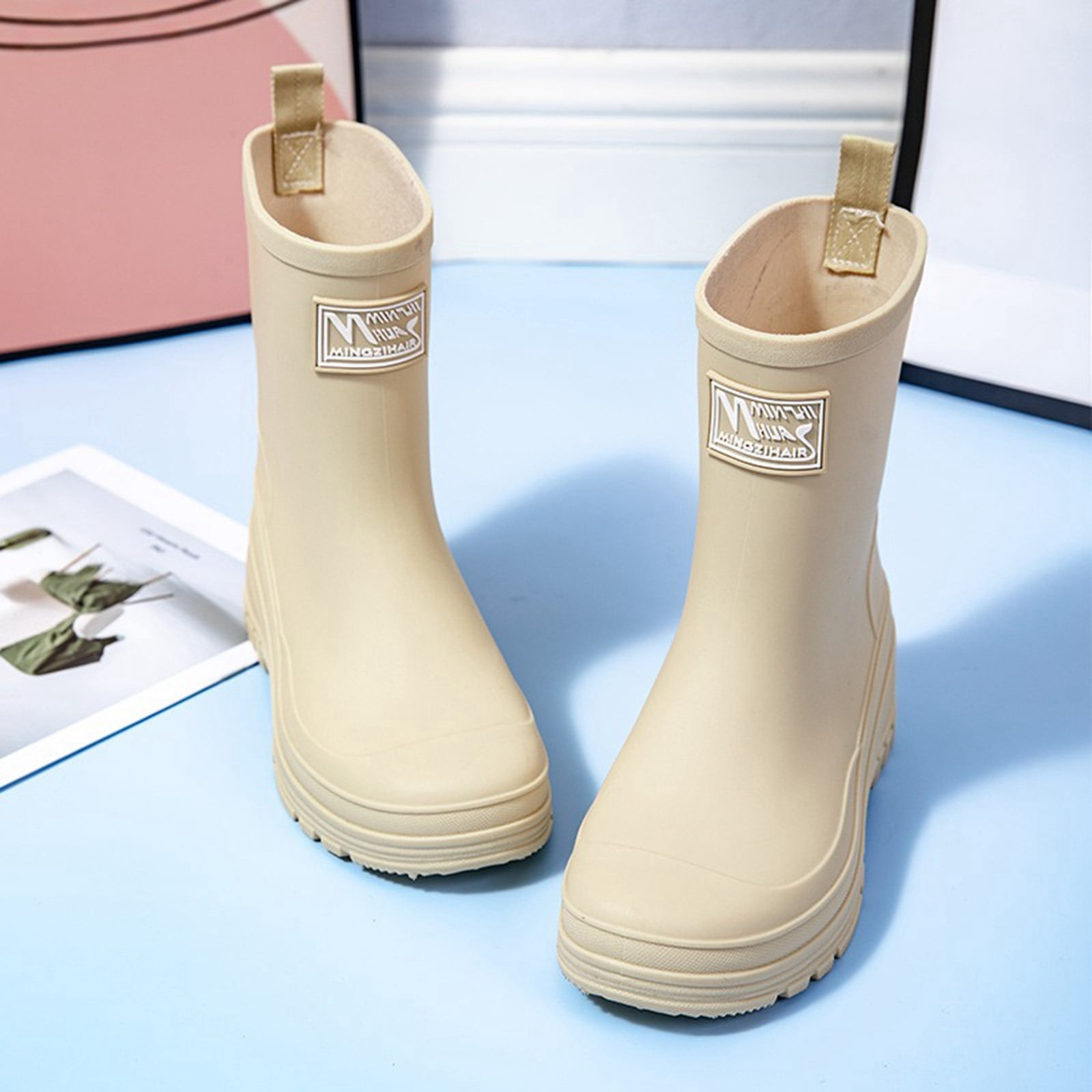 Rain Boots for Women Waterproof Mid Calf Rain Boots Wide Calf Garden Shoes Womens Rain Boots (Beige 6.5)