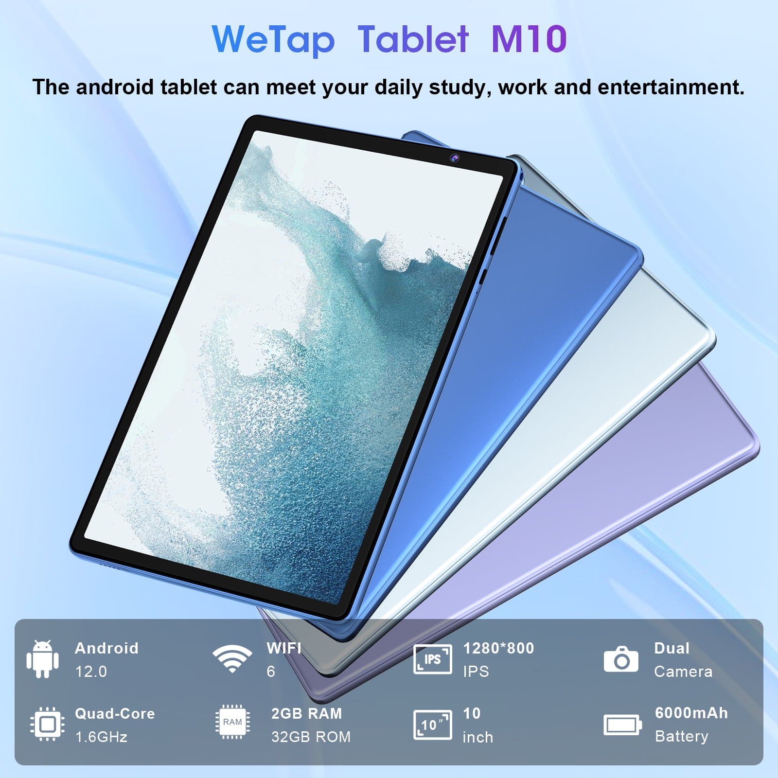 Android 12.0 Tablet 10 inch WeTap M10,2GB RAM 32GB Storage | WIFI 6 | Quad-Core | 1280x800 | Dual Camera | 6000mAh | Google GMS Certified | Dark Blue