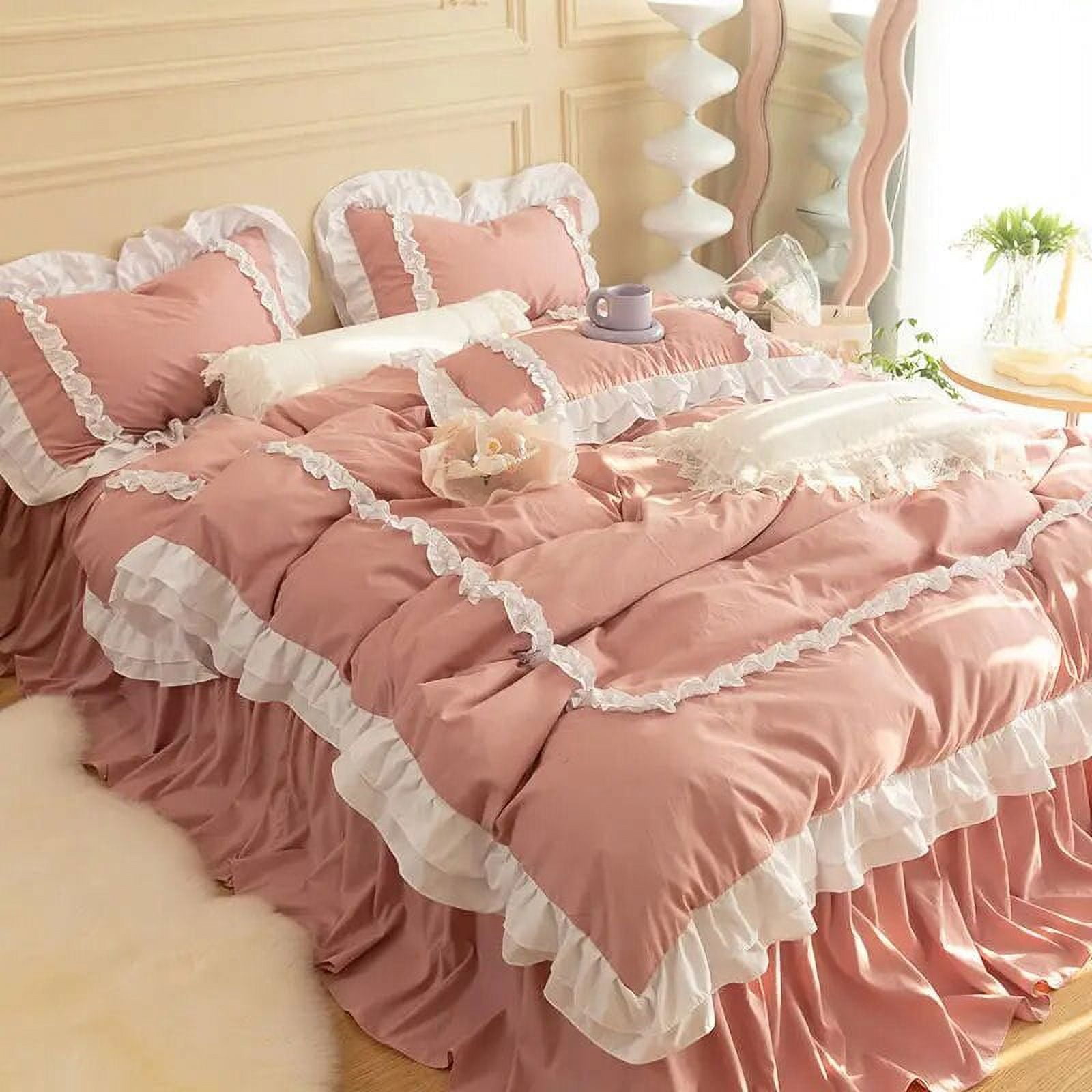INS Korean Princess Bedding Kawaii Ruffle Lace Bed Skirt Duvet Cover Solid Color Queen Size For Girls Woman Home Textiles Walmart