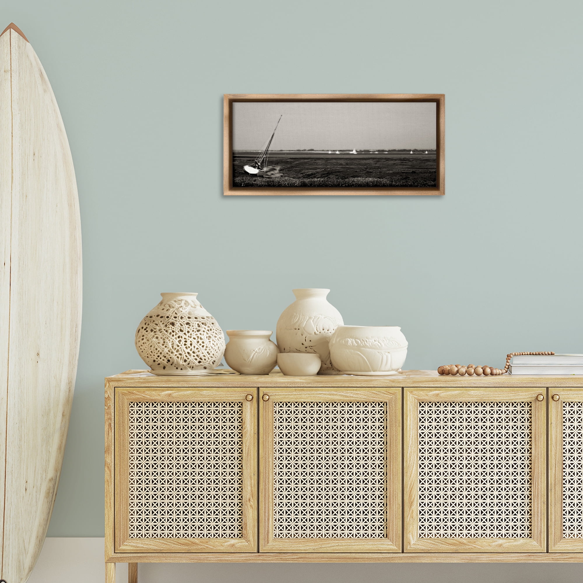 Stupell Industries Boating Towards Hayling Coastal Photography Brown Floater Framed Canvas Art Print Wall Art, 31 x 14