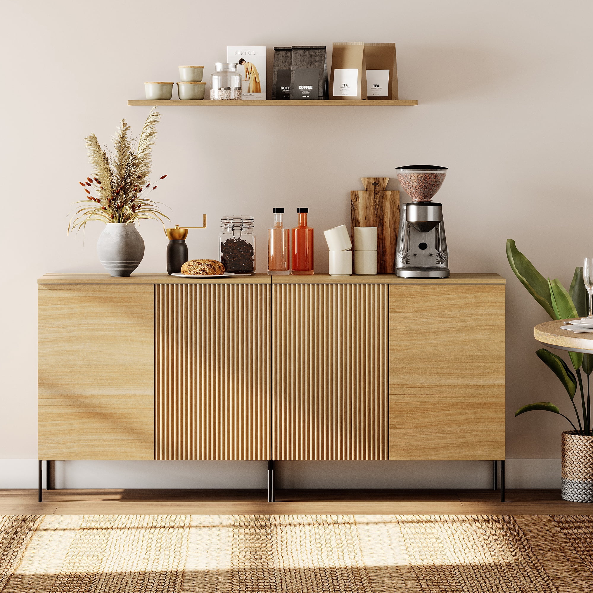 63" Wooden 4 Doors Sideboard with Reeded Design, 2-In-1 Modern Credenza Storage Cabinet for Kitchen, Dining Room