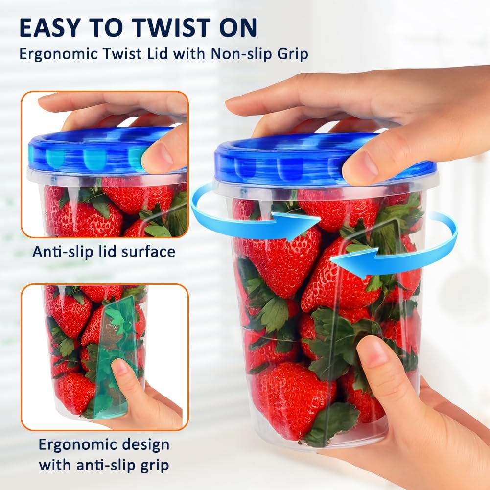 10 Pack 34oz Reusable Freezer Food Storage Containers with Twist Top Lids, Airtight Plastic Meal Prep Food Containers for Leftover Lunch Fruit Salad Oats, Clear Large Soup Container Microwave Safe