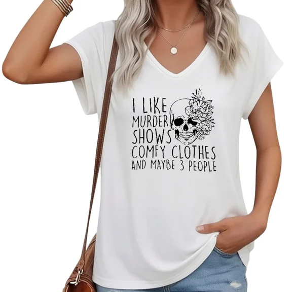 UNISHE Women Funny Skull Floral T-Shirt V-Neck Short Sleeve Personality Top S-5XL