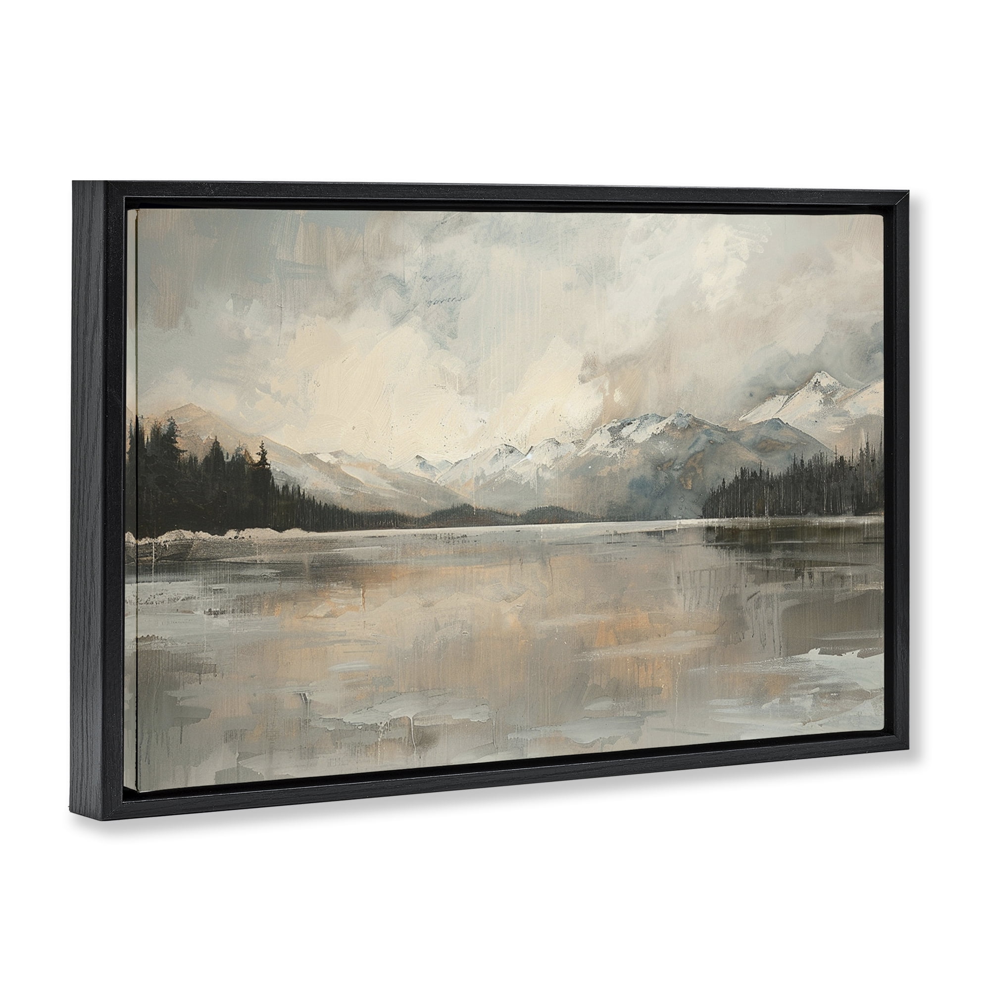 Stupell Industries Frozen Lake Landscape Landscape & Nature Painting Black Floater Framed Canvas Art Print Wall Art, 31 x 21