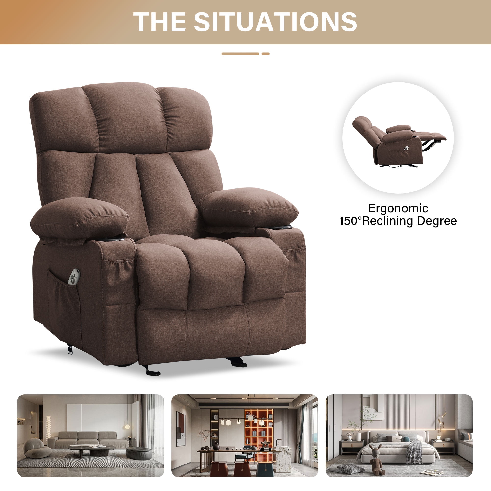 JONPONY Heated Manual Massage Recliner with Cup Holder, Single Rocker Sofa with Cup Holders for Bedroom Home Theater,Brown