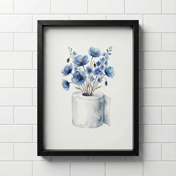 Blue Floral Toilet Paper Wall Art Print, Whimsical Bathroom Decor