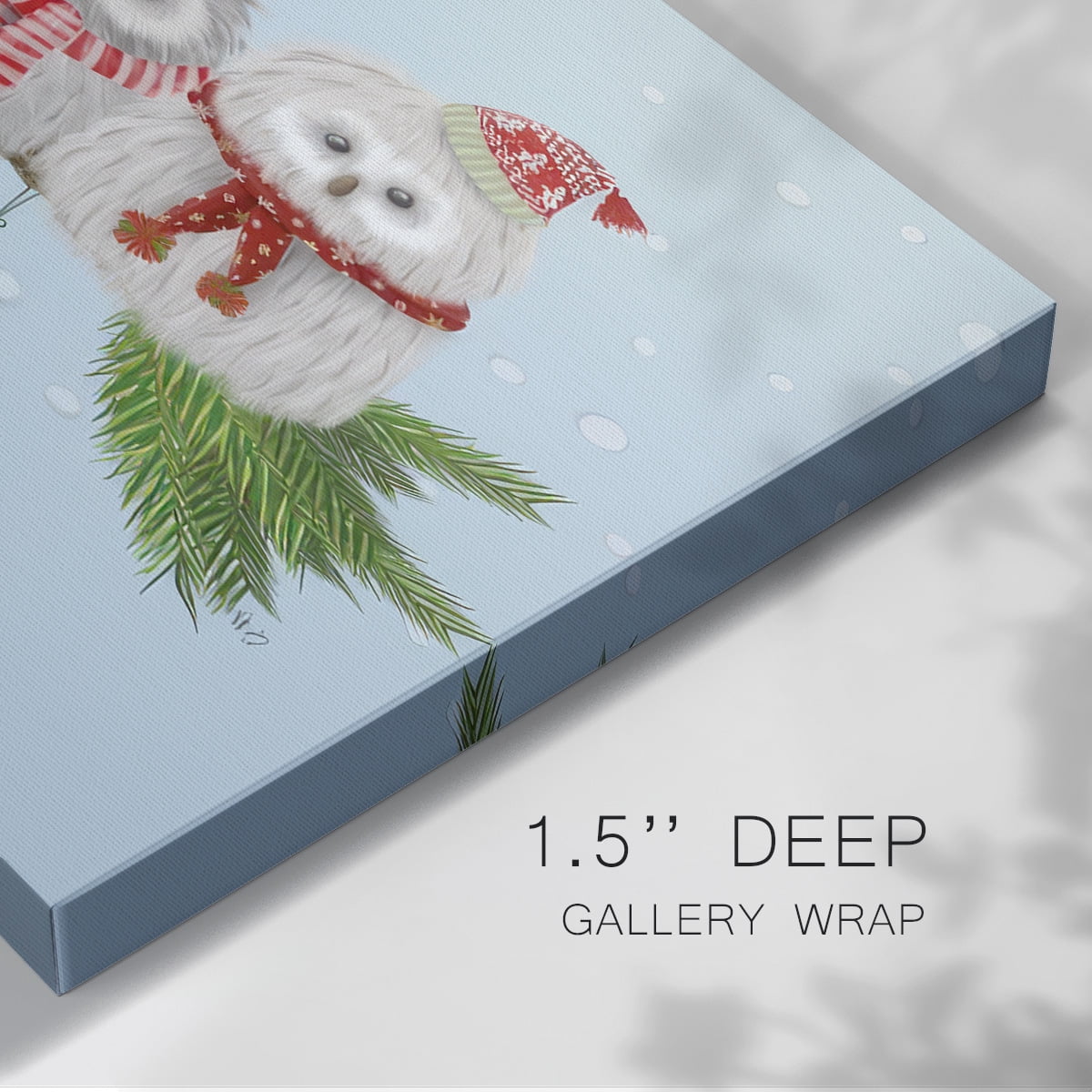 Christmas Fluffy Christmas Owls on Branch- Gallery Wrapped Canvas