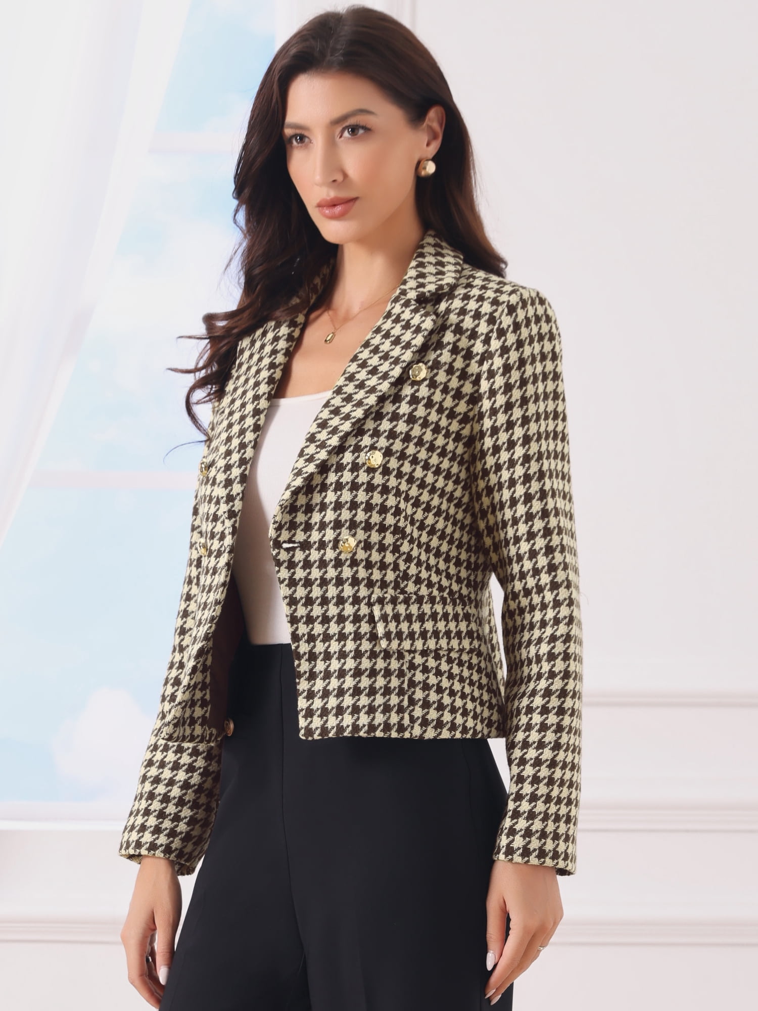 DARING DIVA Women's Chic Houndstooth Notch Lapel Long Sleeve Blazer L Brown