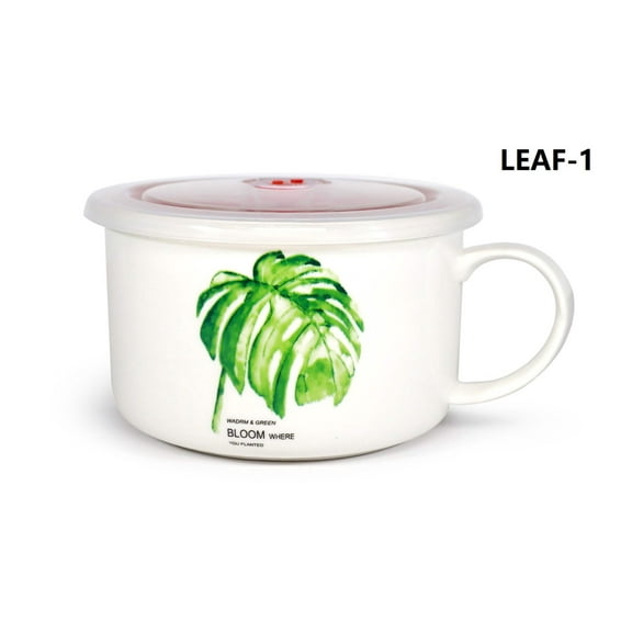 Microwavable Ceramic Noodle Bowl with Handle and Seal Fine Porcelain Green Leaf Design