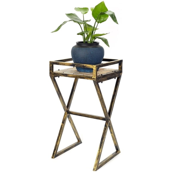 Metal Plant Stand - 27" Tall Indoor Outdoor Decorative Pot Stand - Gray Stone & Gold Finish