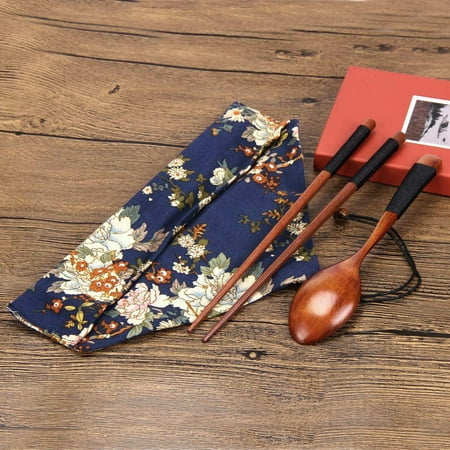 

Portable Wooden Chopsticks Spoon Tableware Set Vintage + Blue Bag Tableware Tool hanitom