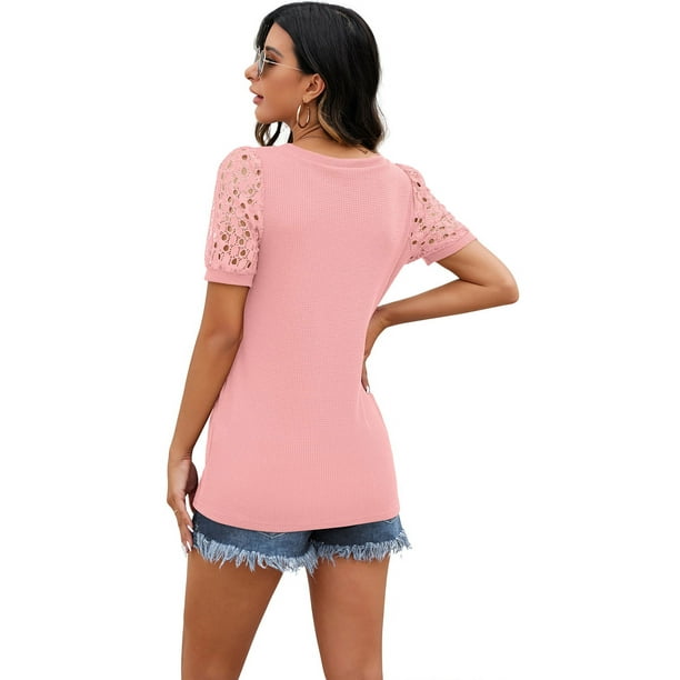 JWD Waffle Knit Lace Short Sleeve Blouses V Neck T Shirts