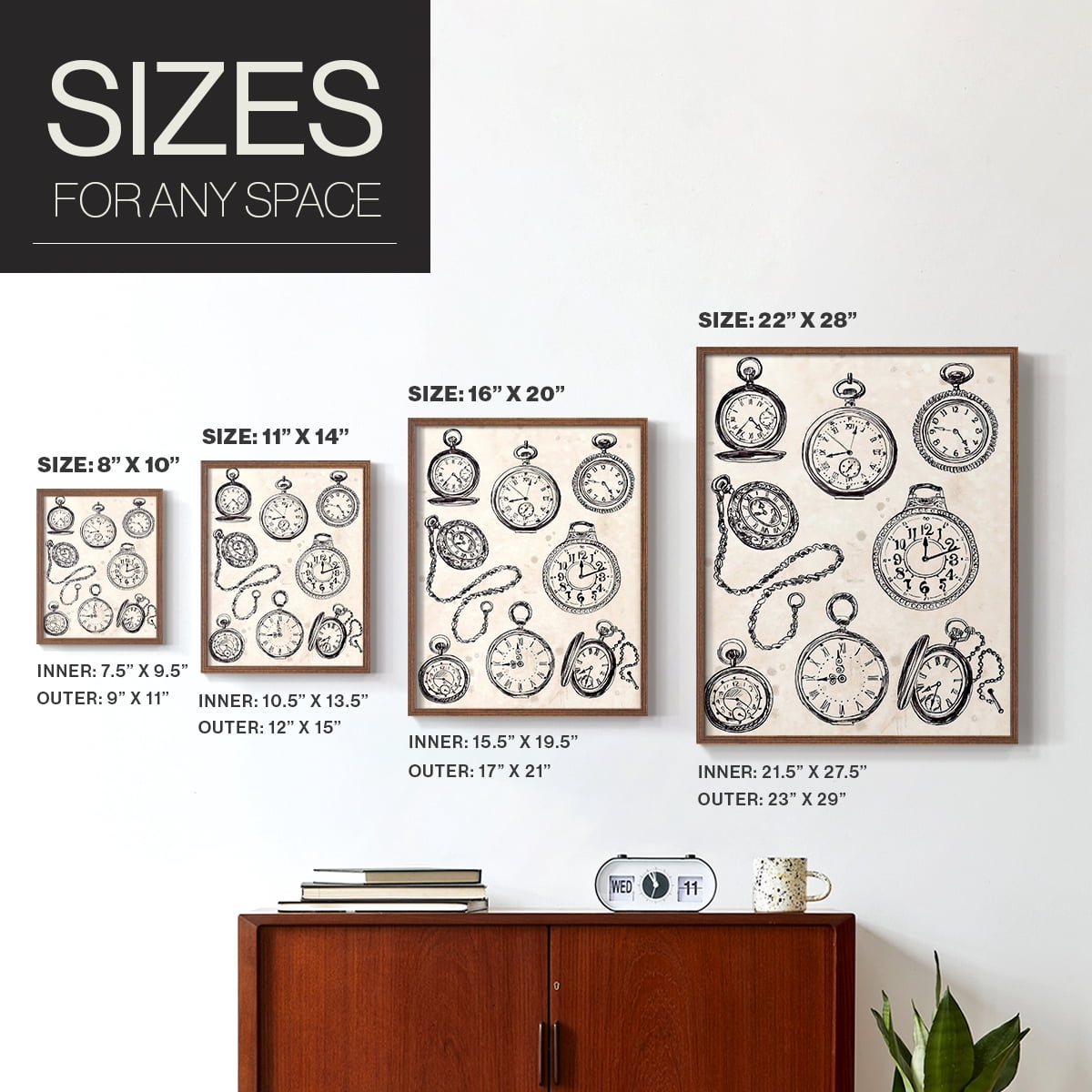Pocket Watch Sketches II in Brown Solid Wood 11 x 14 Framed Print