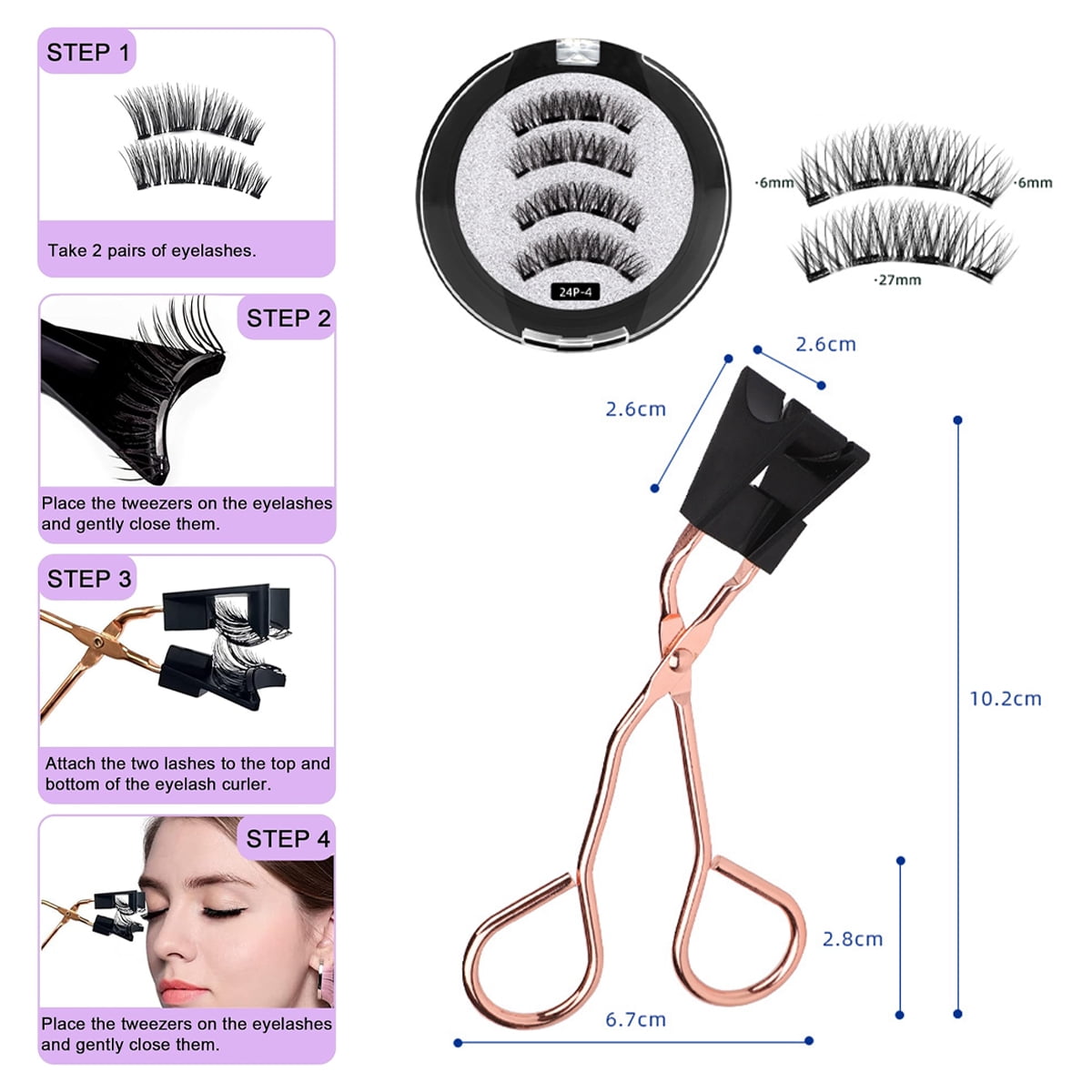 Magnetic Eyelashes, 3 pairs, Magnetic, Magnetic, False Eyelashes, Magnetic Eyelashes with applicator tweezers, for daily make-up or dating, wedding, party