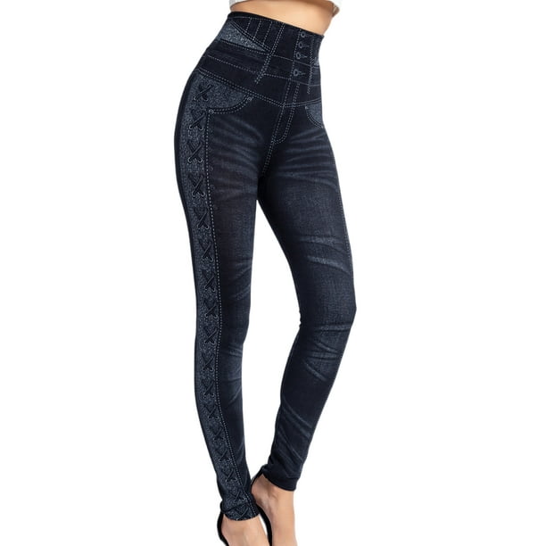 Innerwin Fake Jeans High Waist Women Look Print Jeggings Workout Tummy  Control Slim Fit Denim Leggings Black S