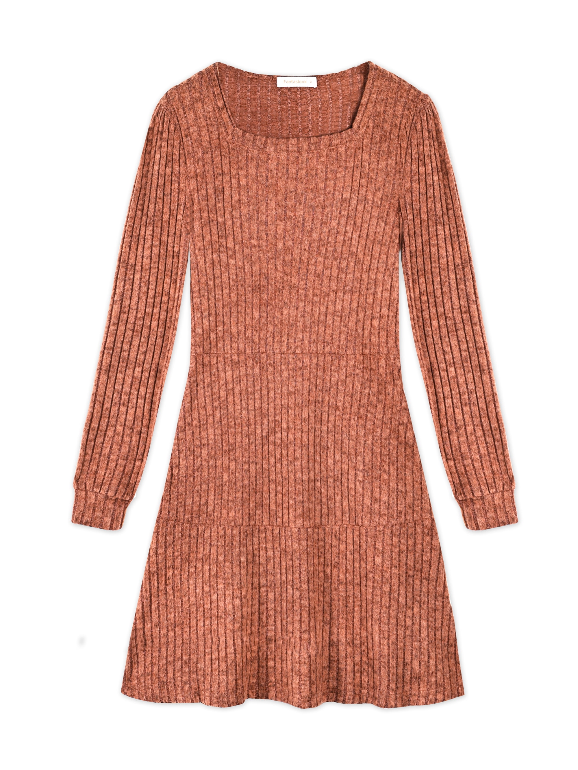 Fantaslook Fall Dresses for Women Square Neck Long Sleeve Dresses Casual Babydoll Sweater Dress