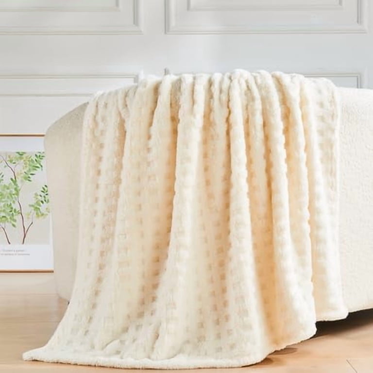 Super Soft Queen Blanket Ivory Premium Silky Flannel Fleece 3D