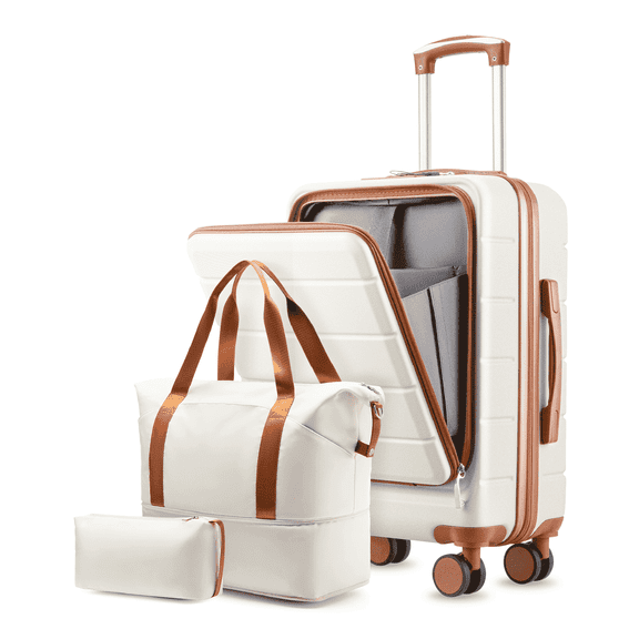 3 Piece Set Carry-On Luggage, Hardside TSA Lock Spinner Suitcase with Travel Bag and Toiletry Bag,White