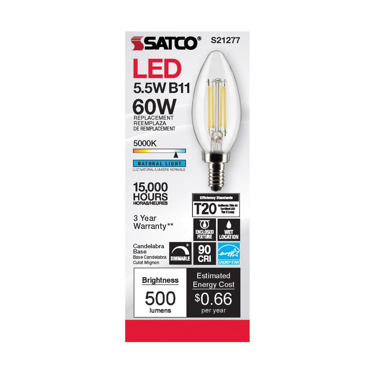 SATCO S21277 5.5W 120V B11 5000K 500 Lumen LED E12 Candelabra Base Light Bulb Dimmable (6 Pack)