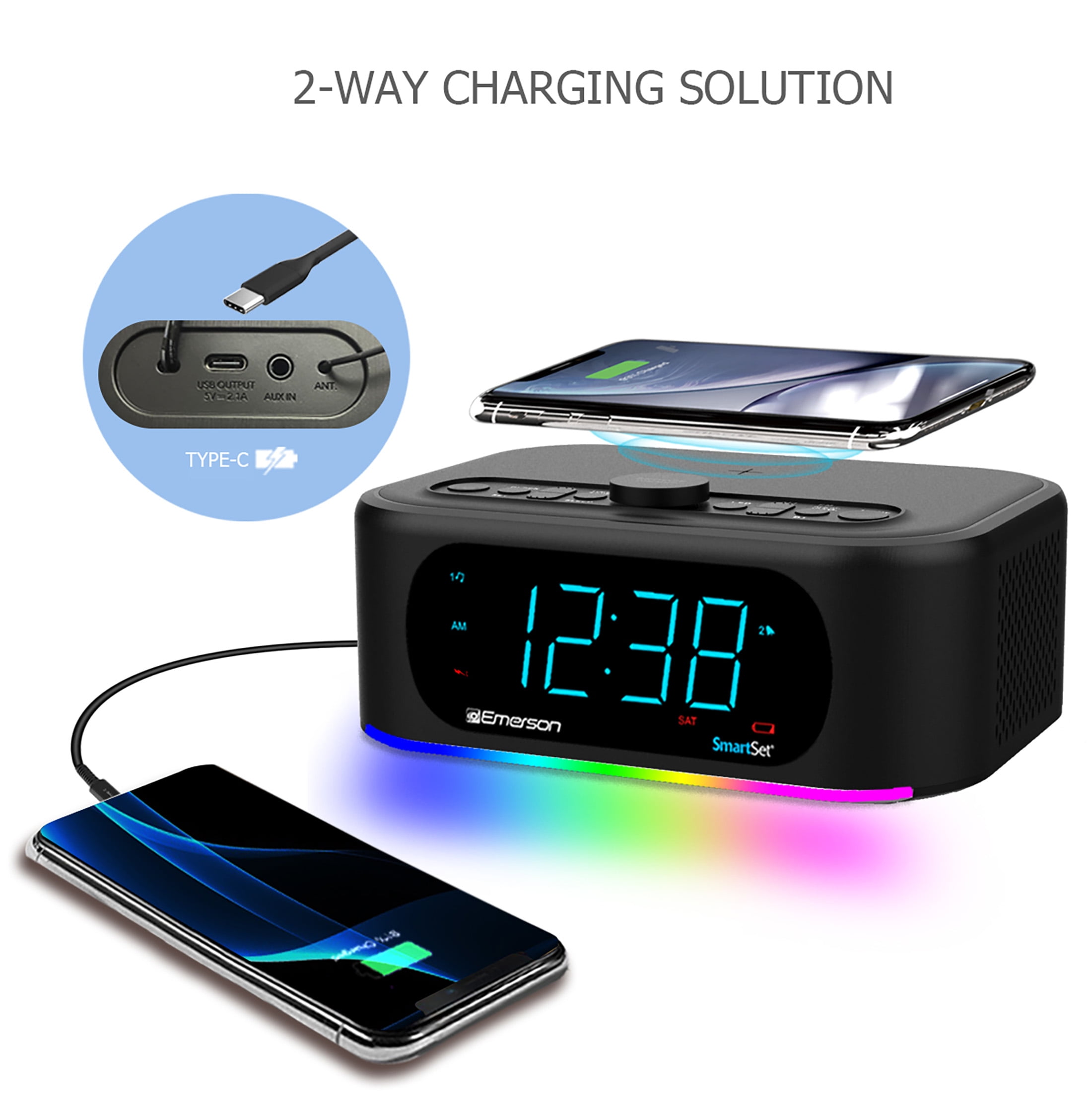 Emerson SmartSet Dual Alarm Clock Radio, 10W Bluetooth Speaker, 15W Wireless Charging, 7-Mode Rhythmic Color Changing LED Lights, CKSW7708M