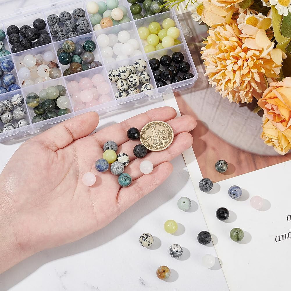 About 180 Pcs 15 Styles Natural Stone Beads 10-10.5mm Round Spacer Beads Natural Loose Beads Round Gemstone Beads for DIY Craft Bracelet Jewelry Making Hole: 1-1.5mm Small Mixed Color