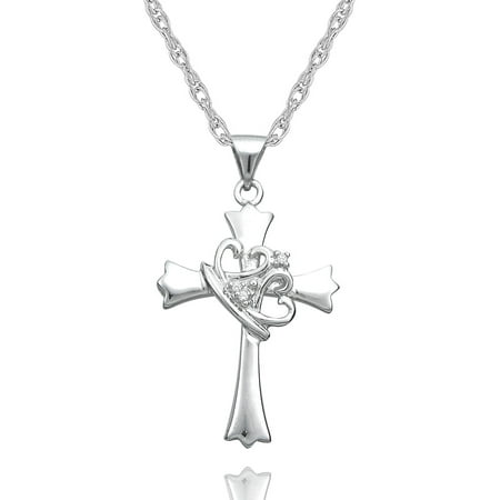 Precious Moments Sterling Silver Diamond Accent Cross with Crown Pendant with Chain, 18