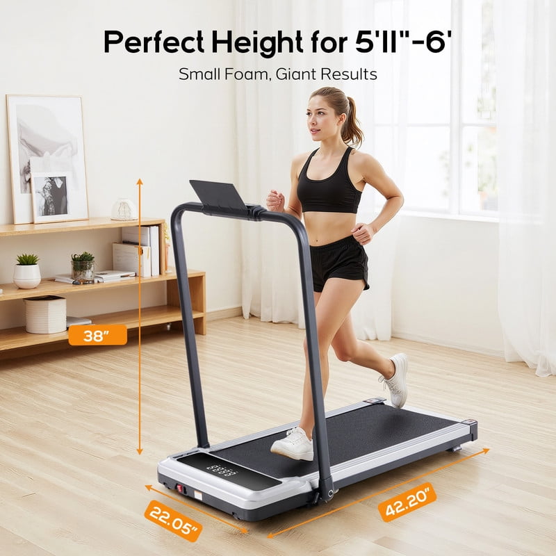 Compact Treadmill with handle, Quiet Under-Desk Walking Pad, Slim & Portable Design for Home Office Workouts, Easy to Store, Ideal for Apartments and Work-from-Home Fitness, Silver