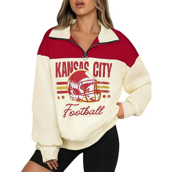 Football Sweatshirt for Women Game Day Print Long Sleeve Quarter Zip Up Football Season Pullover Fall Winter Tunic Tops