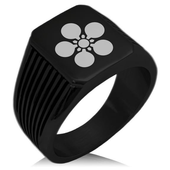 Stainless Steel Maeda Samurai Crest Needle Stripe Pattern Biker Style Polished Ring