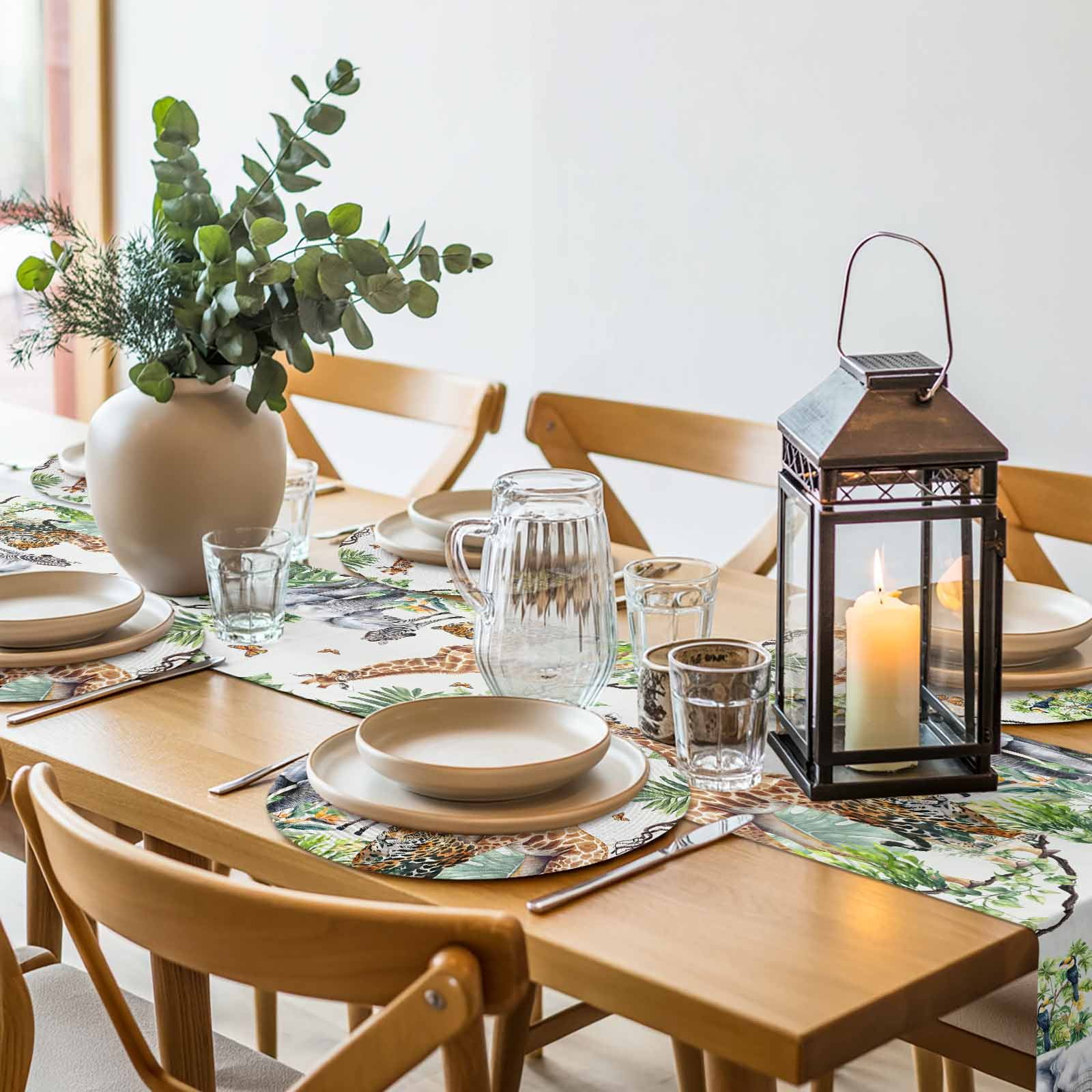 Tropical Animal Round Table Placemats set of 4, Giraffe Zebra Elephant Leopard Washable Woven Place Mats for Dining Tables Kitchen Party Decor,Heat Proof, 13in, Brown Green Gray