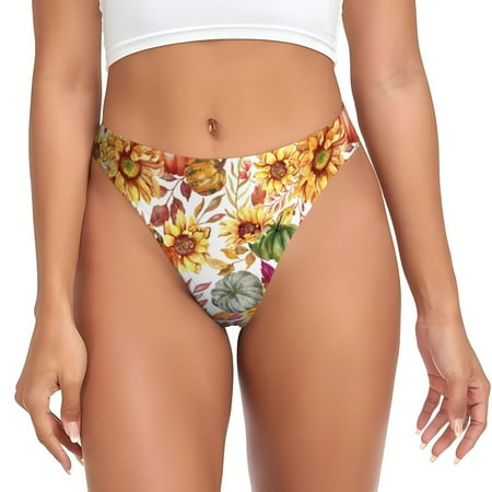 Qokaie Sunflowers Pumpkins And Autumn Leaves Printed Women s Cotton Thong Underwear  Sexy Breathable Panties G-string-4X-Large