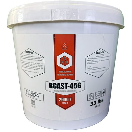 RTH-USA RCAST-45G Medium Cement Refractory Gunning Concrete | 33 lb Pail | High Temp Resistance up to 2640°F (1450°C) | Low Rebound, Strong Adhesion, Ideal for Kilns and Furnaces