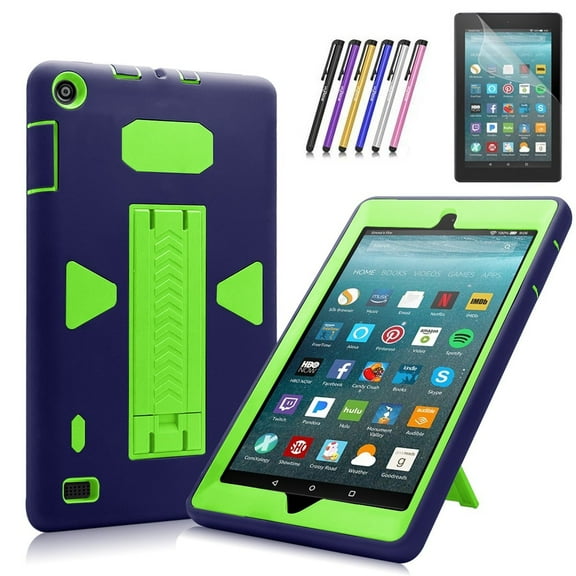 Fire 7 2017 Case, Mignova Heavy Duty Shock-Proof Protective Case Build In Kickstand For All-New Fire 7 Tablet (7th Generation 2017 Release) Screen Protector Film and Stylus Pen (Navy Blue / Green)