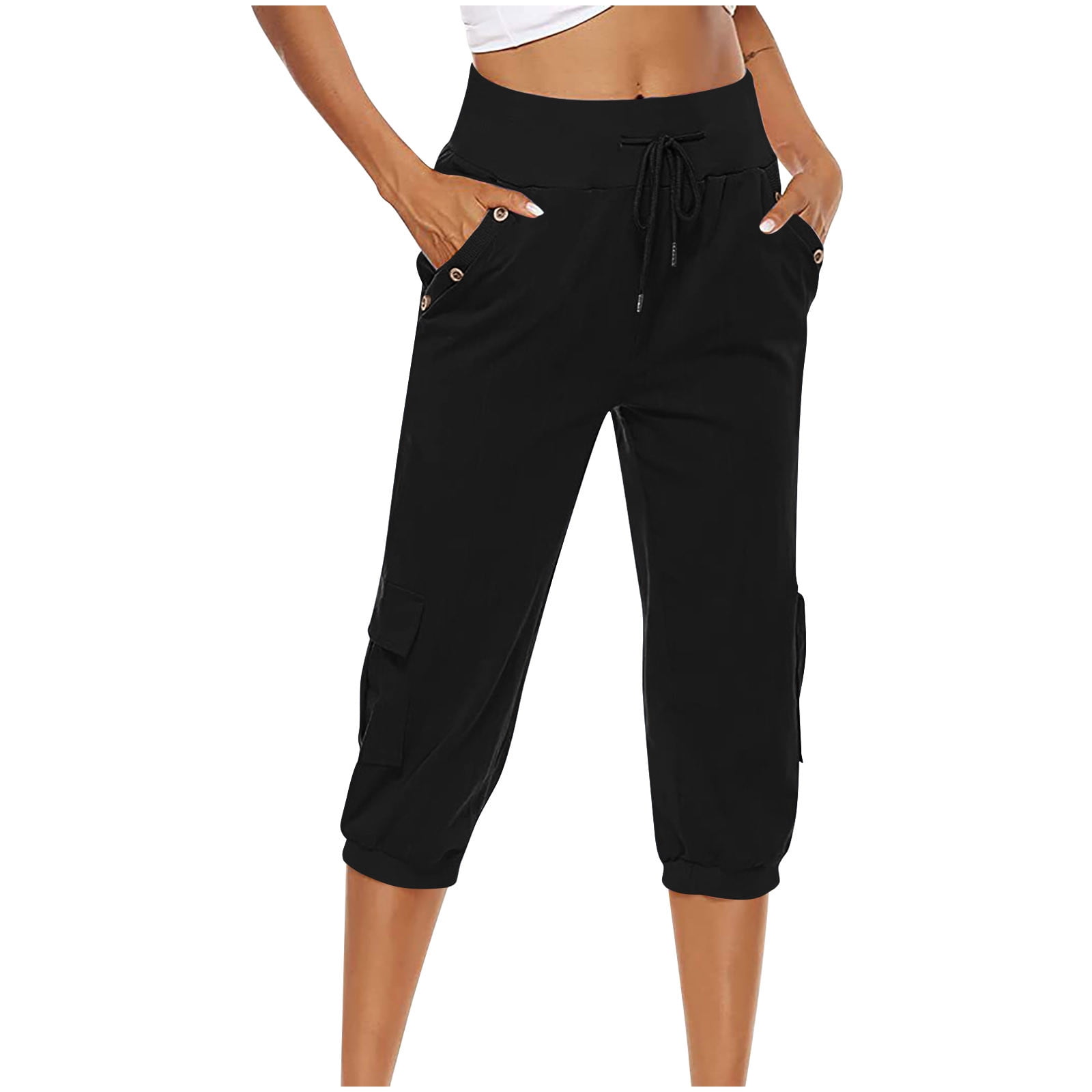 Cotton Linen Drtawstring Capris for Women Solid Comfy Elastic High Waist  Button Pockets Loose Fit Straight Cropped Pants(XXXXL,Black)