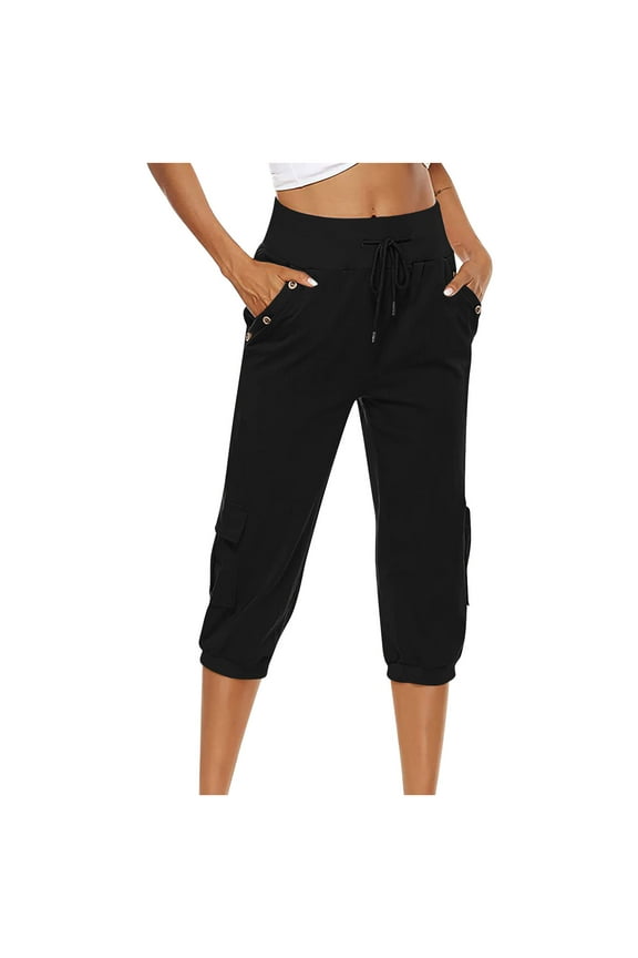 Sweatpants for Women Capri Joggers Cuffed Athletic Casual Soft Drawstring Pants Elastic High Waist Capri with Pockets Black L