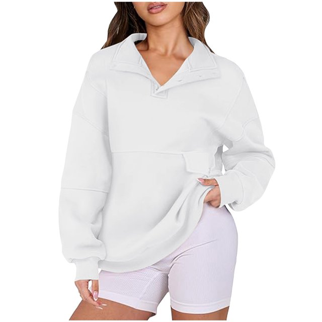 WEAIXIMIUNG Sweat à Capuche Zippé pour Femmes Léger Pull Uni Col en V Sans Capuche Manches Longues