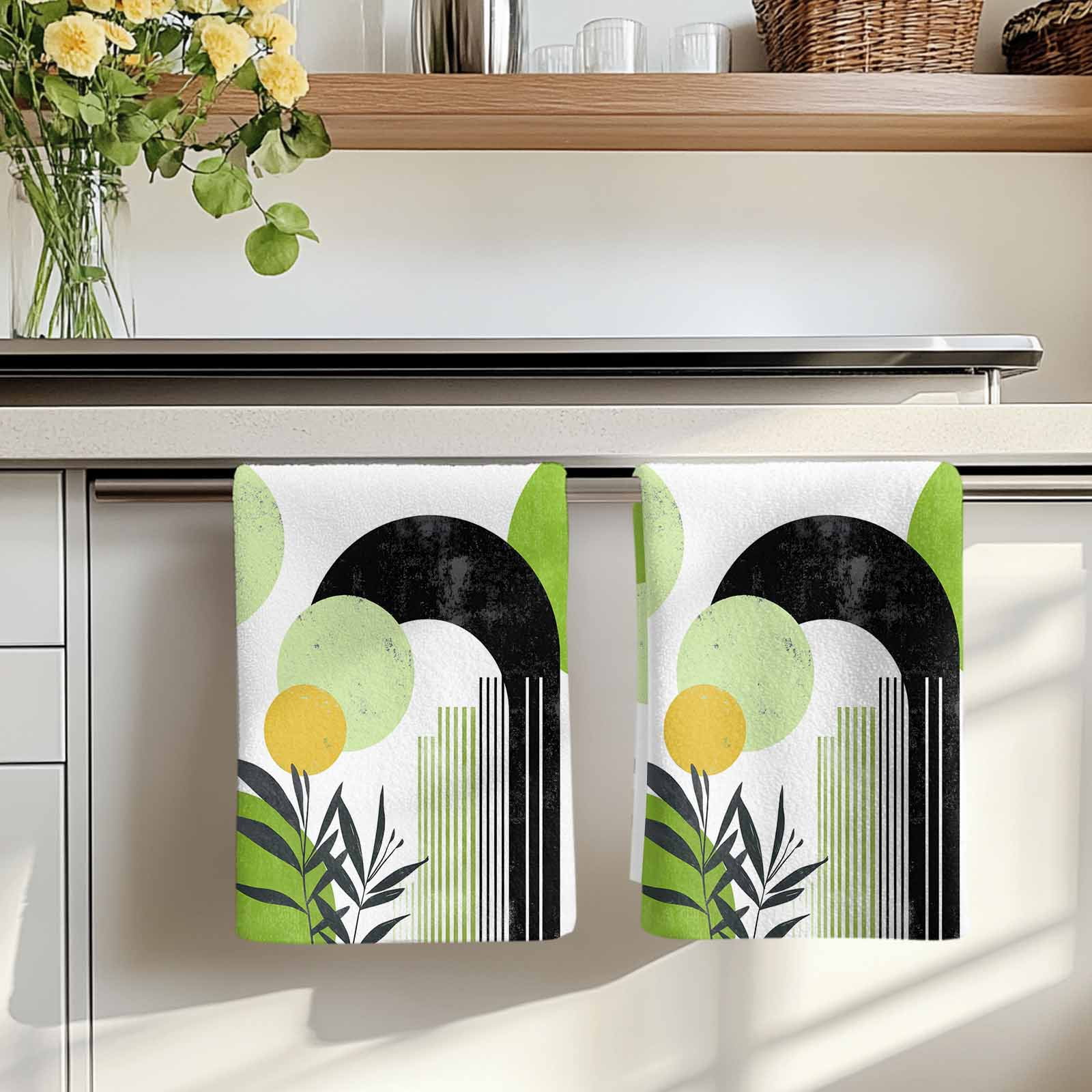 Dish Towels, Green Boho Absorbent Kitchen Towels 2 PCS, Geometric Line Leaves Microfiber Hand Towels Dish Cloths Tea Towels for Home&nbsp;Bathroom Cleaning Drying,18X28-Inch,