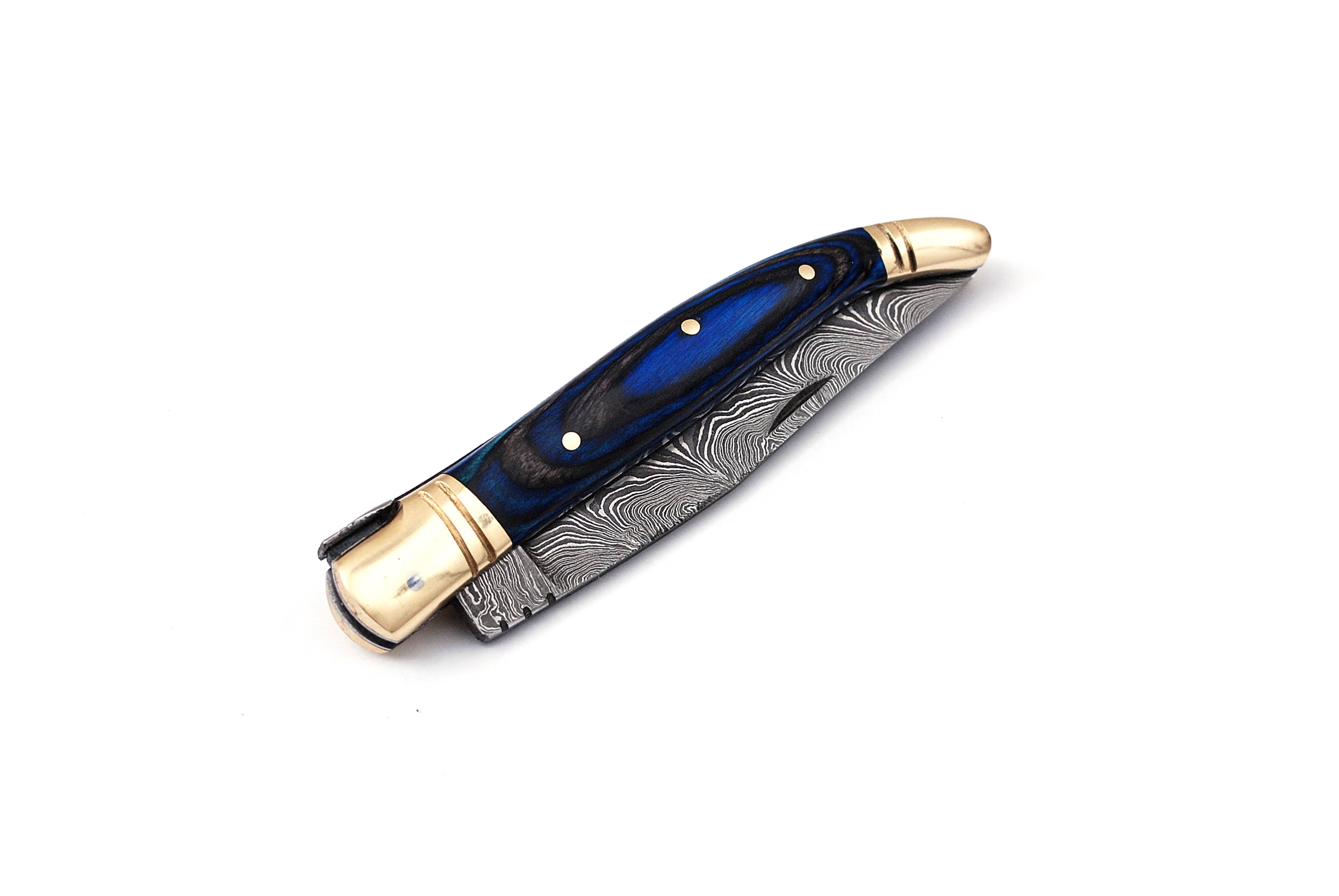 Damascus steel folding knife with leather sheath, 8.5 inches long laguiole pocket knife with 4 inches long Damascus steel Blade, 4.5 inches Blue multi colored wood scale with Brass bolster and pommel,