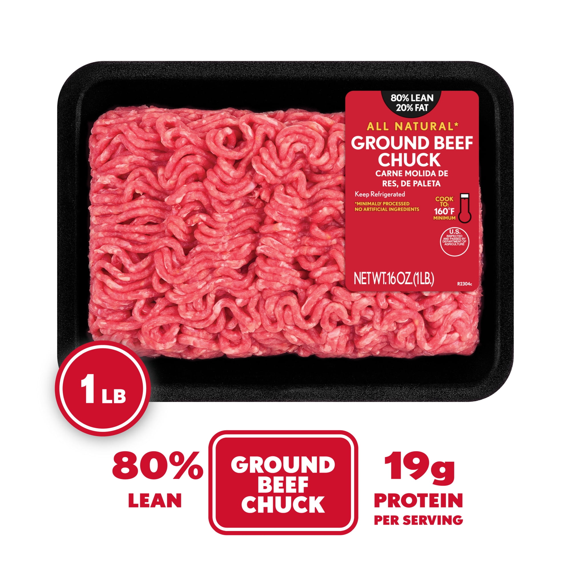 All Natural* 80% Lean/20% Fat Ground Beef Chuck, 1 lb Tray