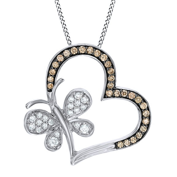 AFFY Champagne & White Natural Diamond Heart with Butterfly Pendant Necklace in 14K Solid White Gold (0.37 Ct)